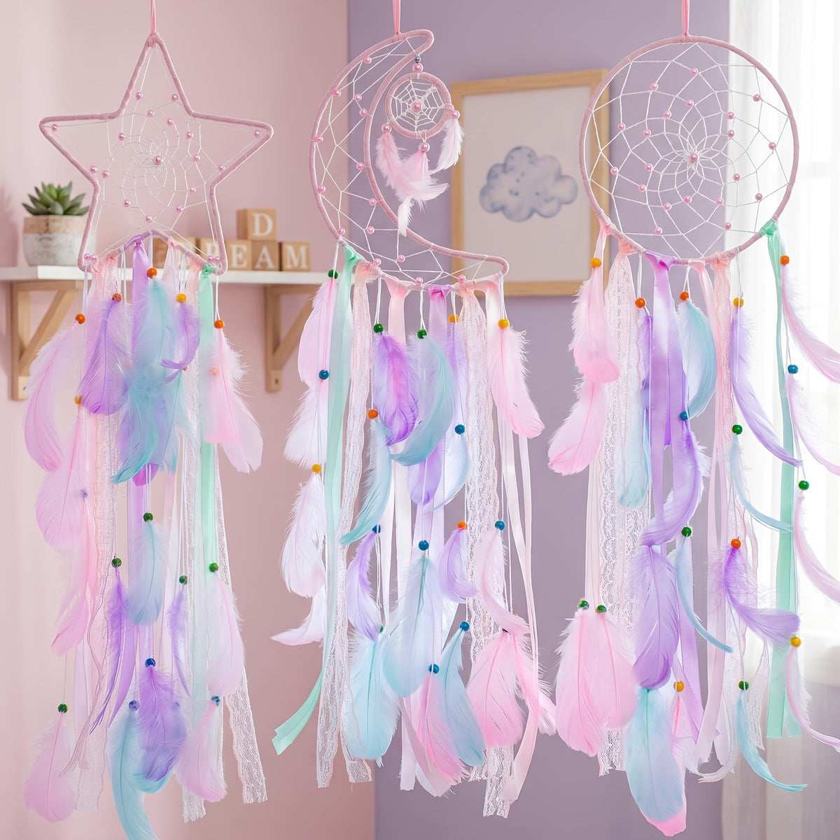 3pcs/LOT Star Moon Sun Dream Catcher Pink Room Decor for Teen Girls Kids Girls Room Decor Princess Bedroom Decor