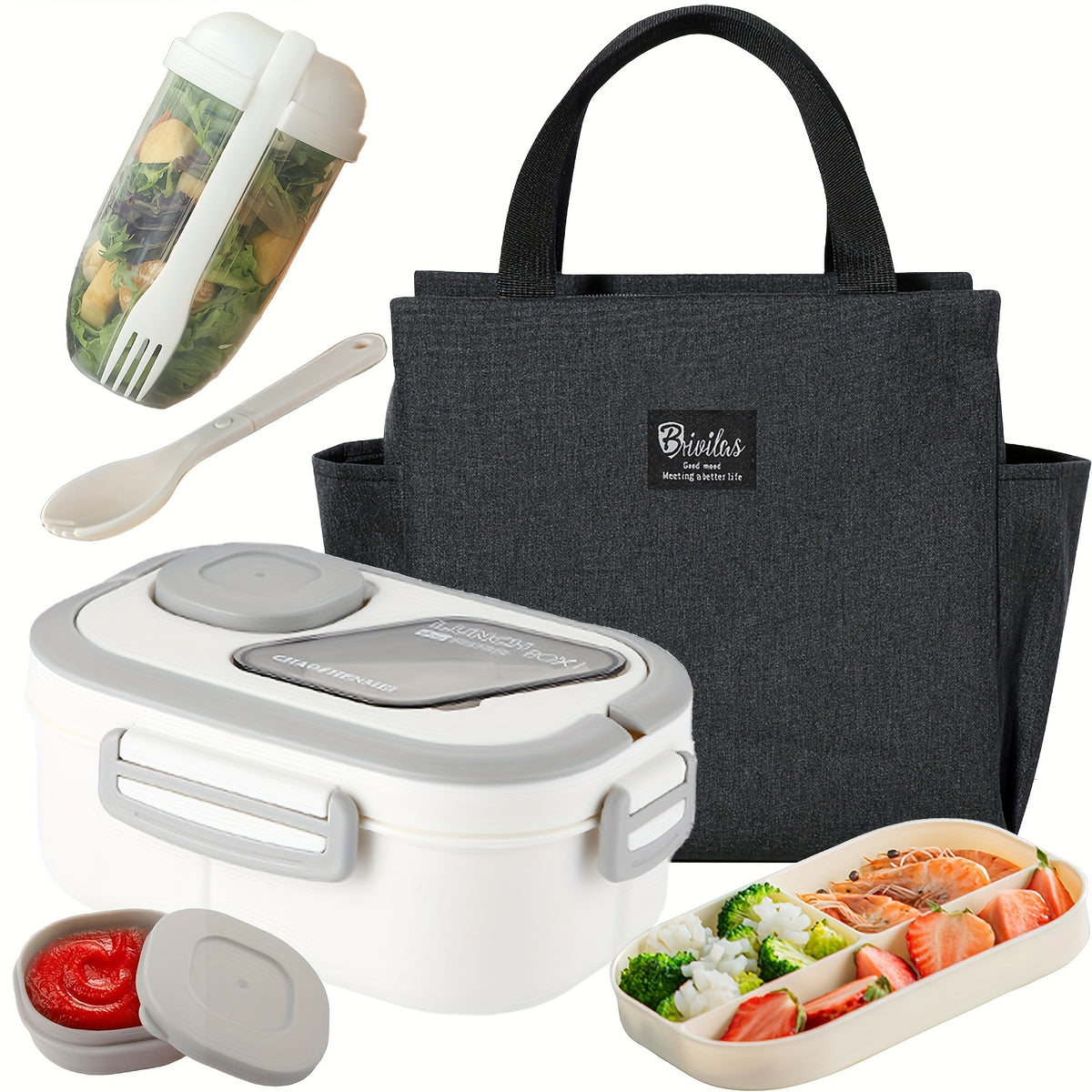 Two Tier Bento Lunch Box, Divided Meal Container in Pink, Blue, Green or White with Optional Cup and Lunch Bag Sets for School, Office and Picnics