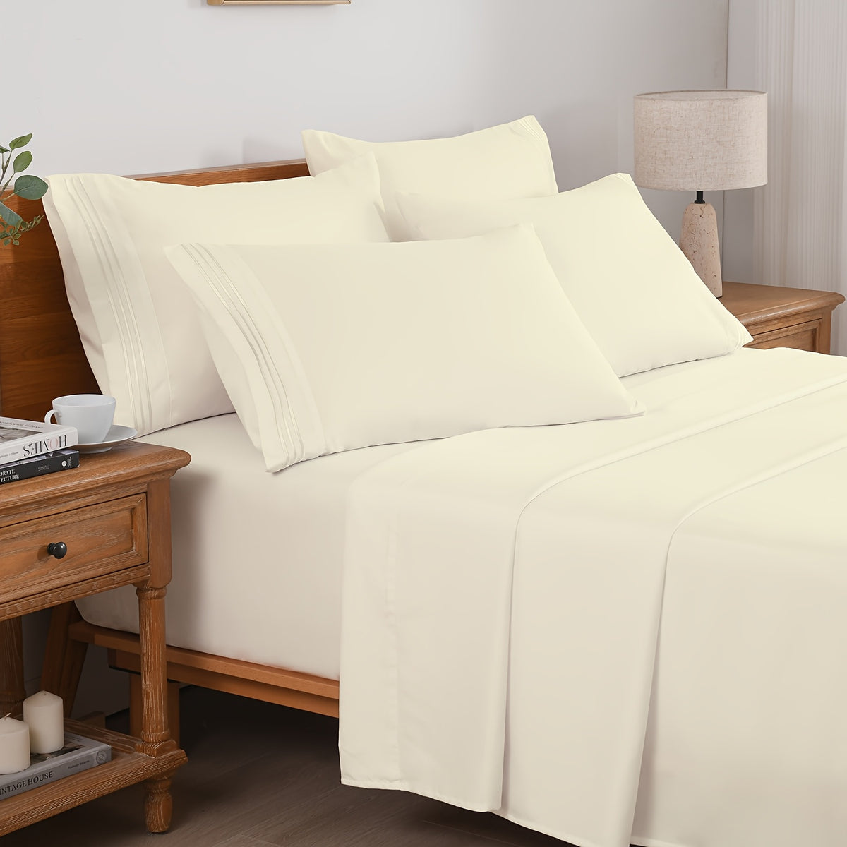 6pcs Summer Cooling Bed Sheet Set, 18 Inch Deep Pocket Ultra Soft Breathable Polyester Solid Color Bedding Three Embroidery 100 GSM Anti Fading Wear Resistant Wrinkle Free Easy Care Bedroom Home Decor