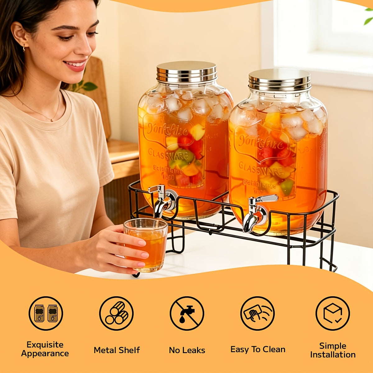 2-Pack 1 Gallon Glass Drink Dispensers for Parties, Beverage Dispenser, Glass Drink Dispenser with Fruit Infuser And Stand And Stainless Steel Spigot, Lemonade Dispenser with Ice Cylinder for BBQ, Picnic, Party, Weddings, And Events