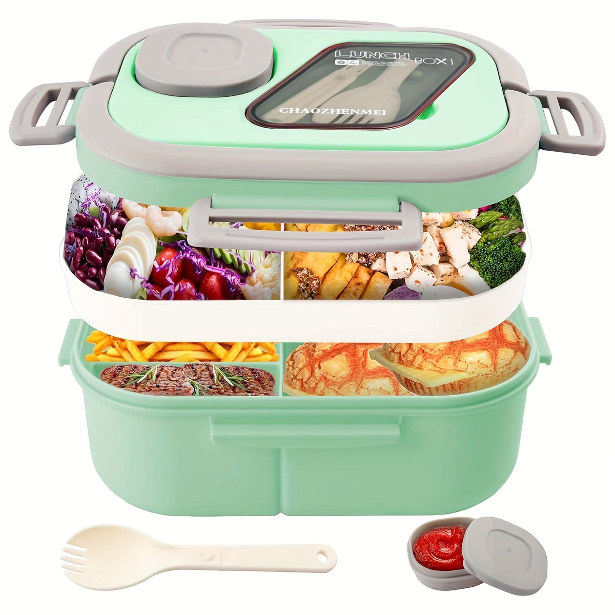 Two Tier Bento Lunch Box, Divided Meal Container in Pink, Blue, Green or White with Optional Cup and Lunch Bag Sets for School, Office and Picnics