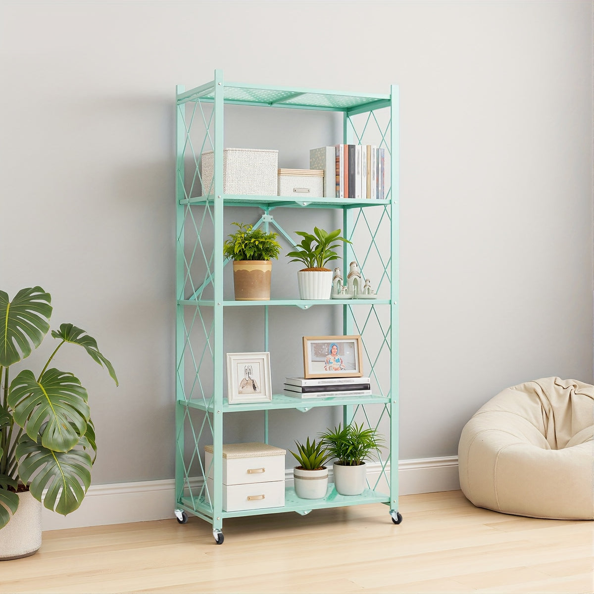 3/4/5-Tier Portable Multifunctional Storage Rack, Floor-Standing Storage Rack with Lockable Wheels, Space-Saving, No Assembly, Foldable Storage Shelf with Durable Carbon Steel Frame for Bedroom, Balcony, Garden, Standing Shelf