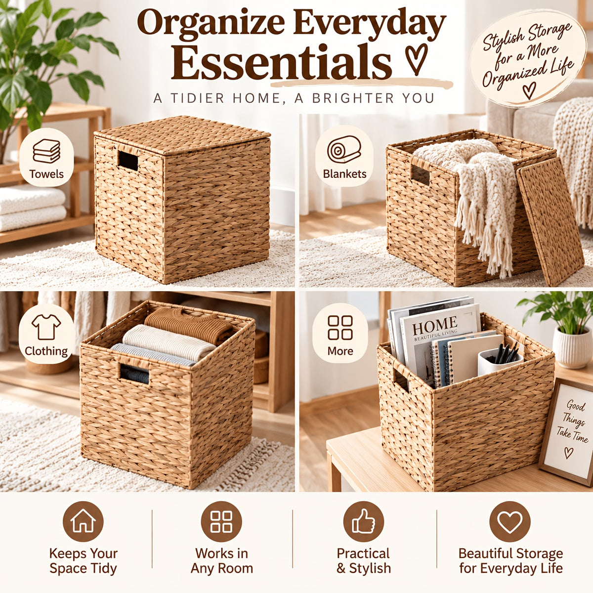 2pcs/4pcs Hyacinth Wicker Baskets Woven Baskets for Storage Baskets for Shelves Water Hyacinth Wicker Storage Basket Square Cub Natural Rattan Basket for Towels, S, Magazines and Kitchen Organizati, Shelf Baskets