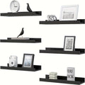 Floating Shelf Ledges, 6-Piece Wood Wall Mounted Storage Set in Black or White for Bathroom Organization, Bedroom Displays and Living Room Decor