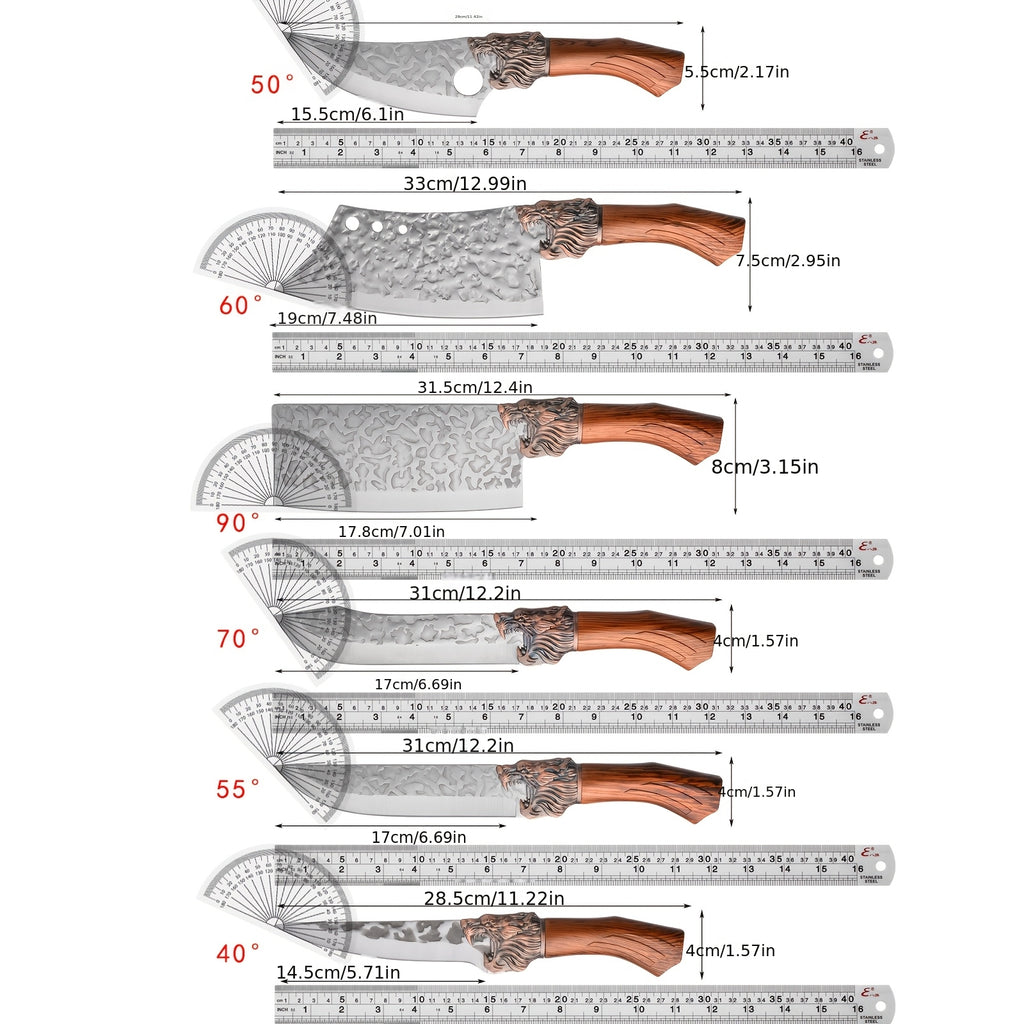 Damascus Style Chef Knife Set, 7-Piece Kitchen Cutting Collection with Brown Wood Handles and V-Shaped Blades for Meat, Fish, Vegetables and Fruit Prep