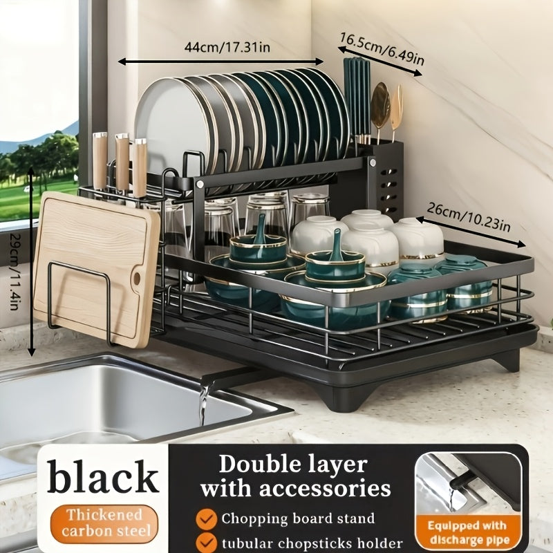 Double Tier Metal And Carbon Steel Cutlery Rack, Large And Durable, with Knife Fork And Cup Holders And Draining Board, Rustproof Two Tier, Space Saving for Kitchen Countertop, Make The Kitchen More Concise And Organized