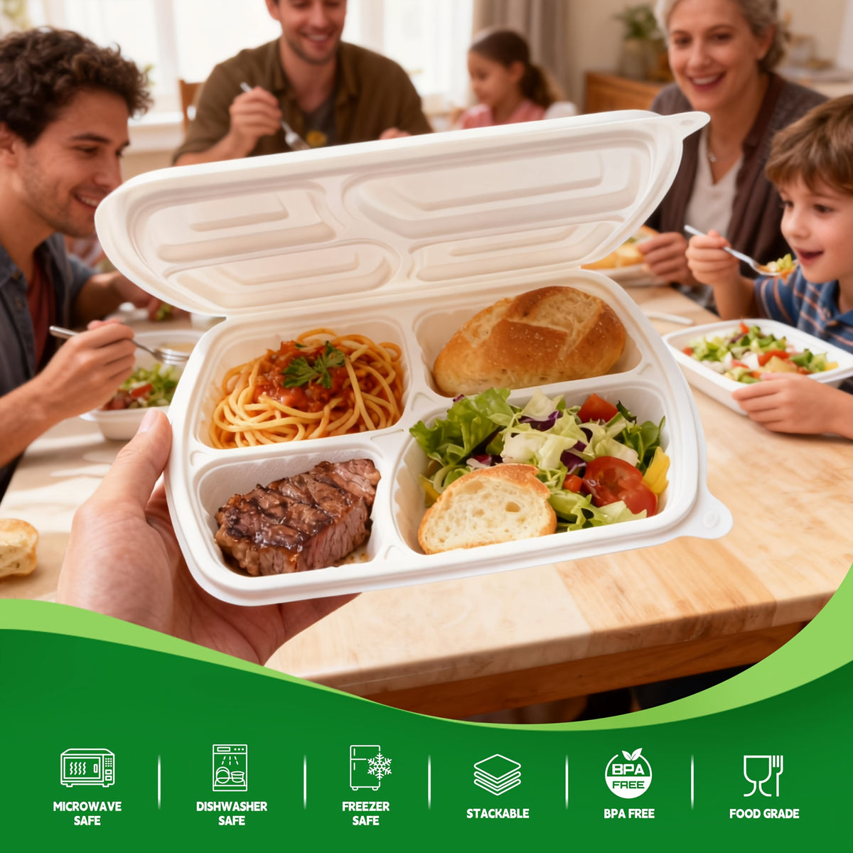 50-Pack 4-Compartment White Clamshell Meal Prep Containers, Disposable Bento Box, Food Storage Container, Bpa-Free, Stackable, Portion Control, Freezer/Microwave Safe, Great for Labor Day, Picnics, Parties & Outdoor Events, Local Warehouse
