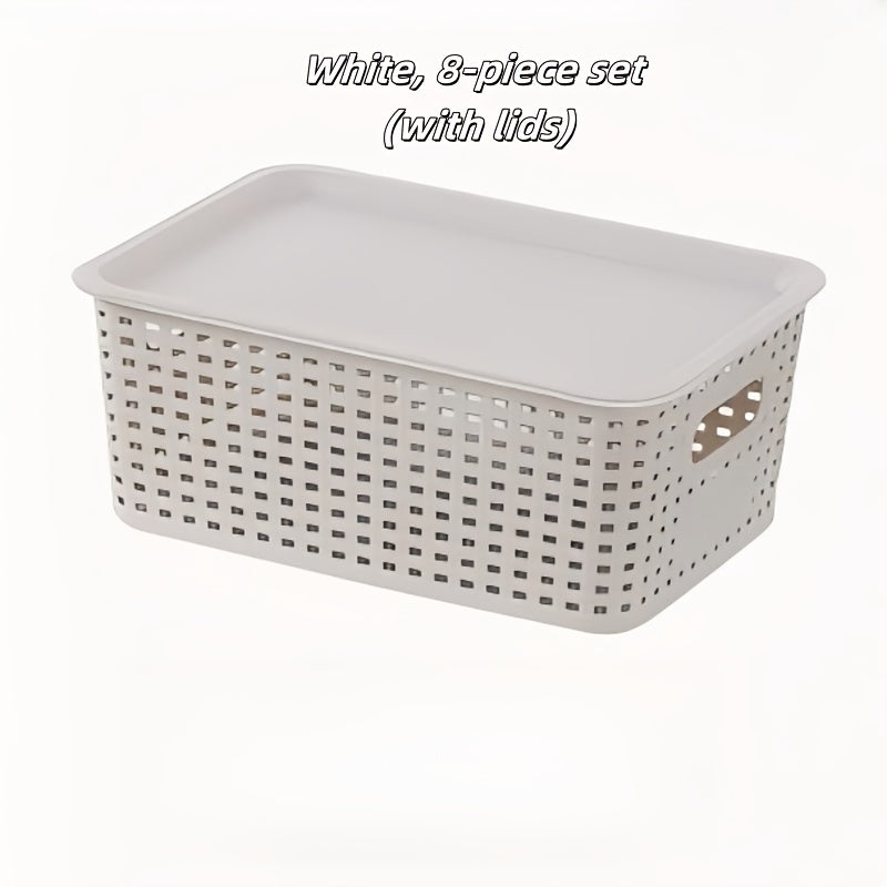 8pcs Plastic Storage Basket Set with Lids, Elegant And Spacious - Suitable for Desktop Organization, Document Storage, Storage, Home Organization - Multi-Functional Shelf Baskets