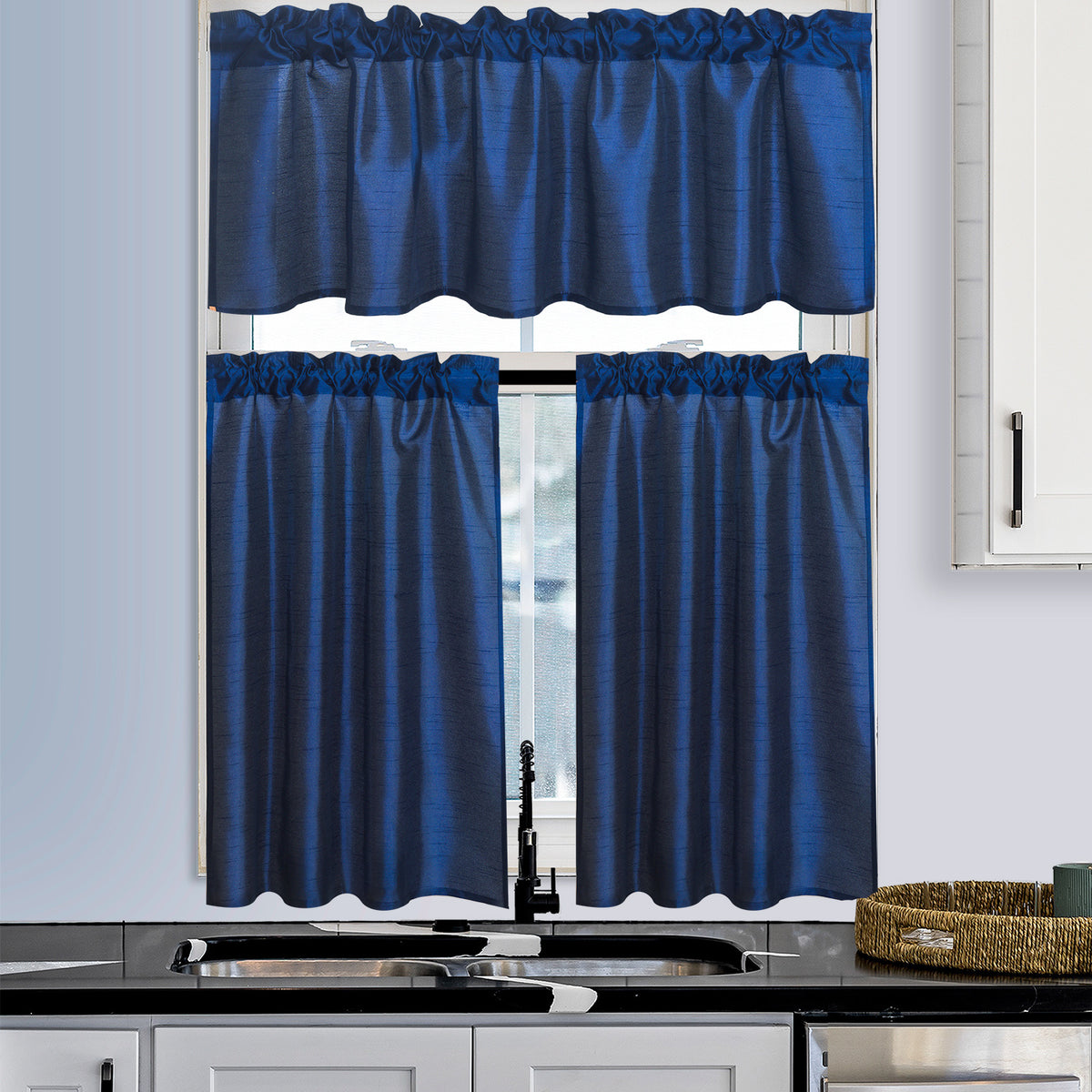 3 Panels Faux Silk Solid Color Sheer Kitchen Curtains Set Rod Pocket Design with 2 Tiers 26x36 inch Each and 1 Valance 52x14 inch for Kitchen Bathroom Privacy Drapes and curtains