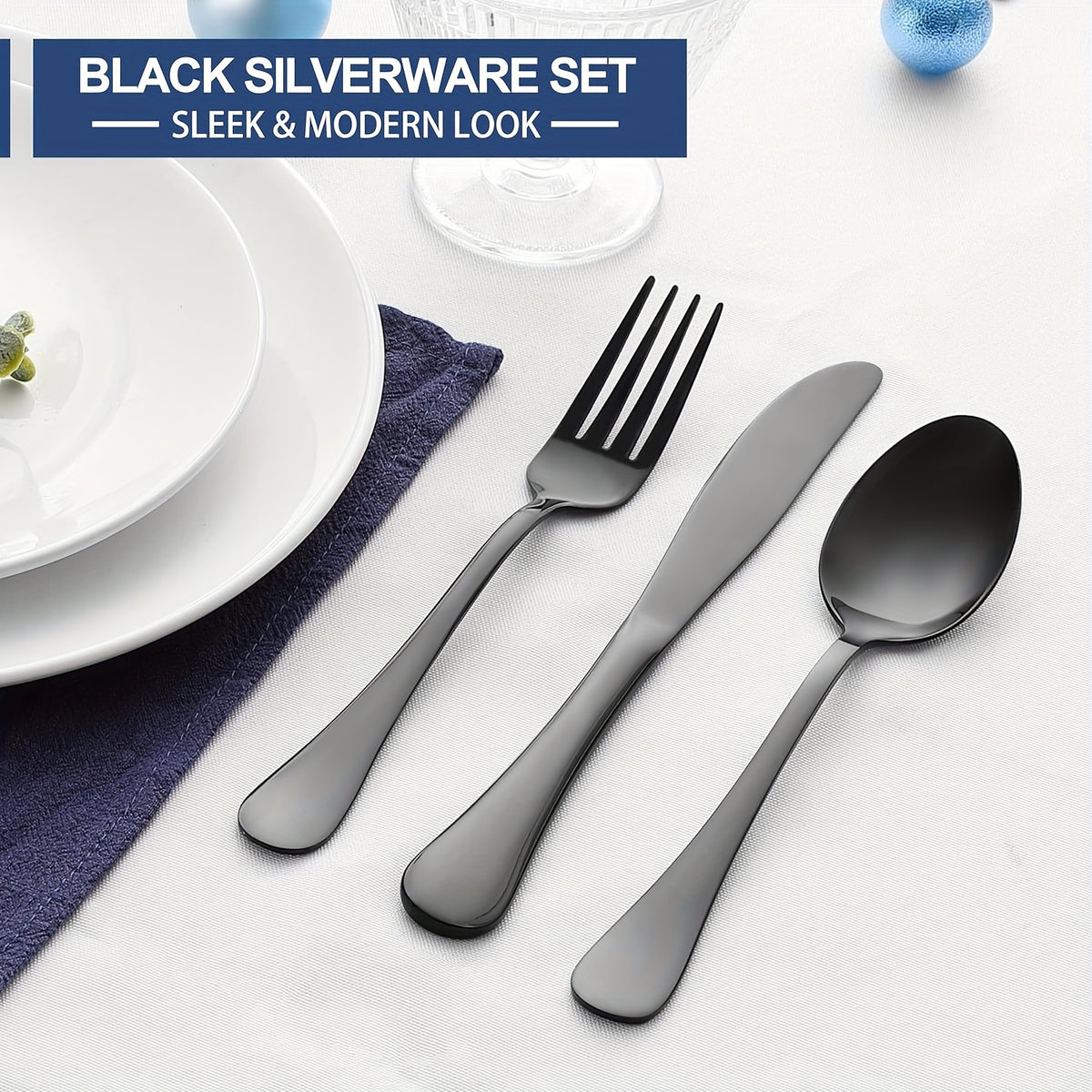 24/48pcs Black Silverware Set With Steak Knives Service For 4/8, Christmas Stainless Steel Flatware Set, Mirror Polished Kitchen Accessories, Home Kitchen Party Eating Tableware Set, Include Fork Knife Spoon Set, Dishwasher Safe (Silver, Black)