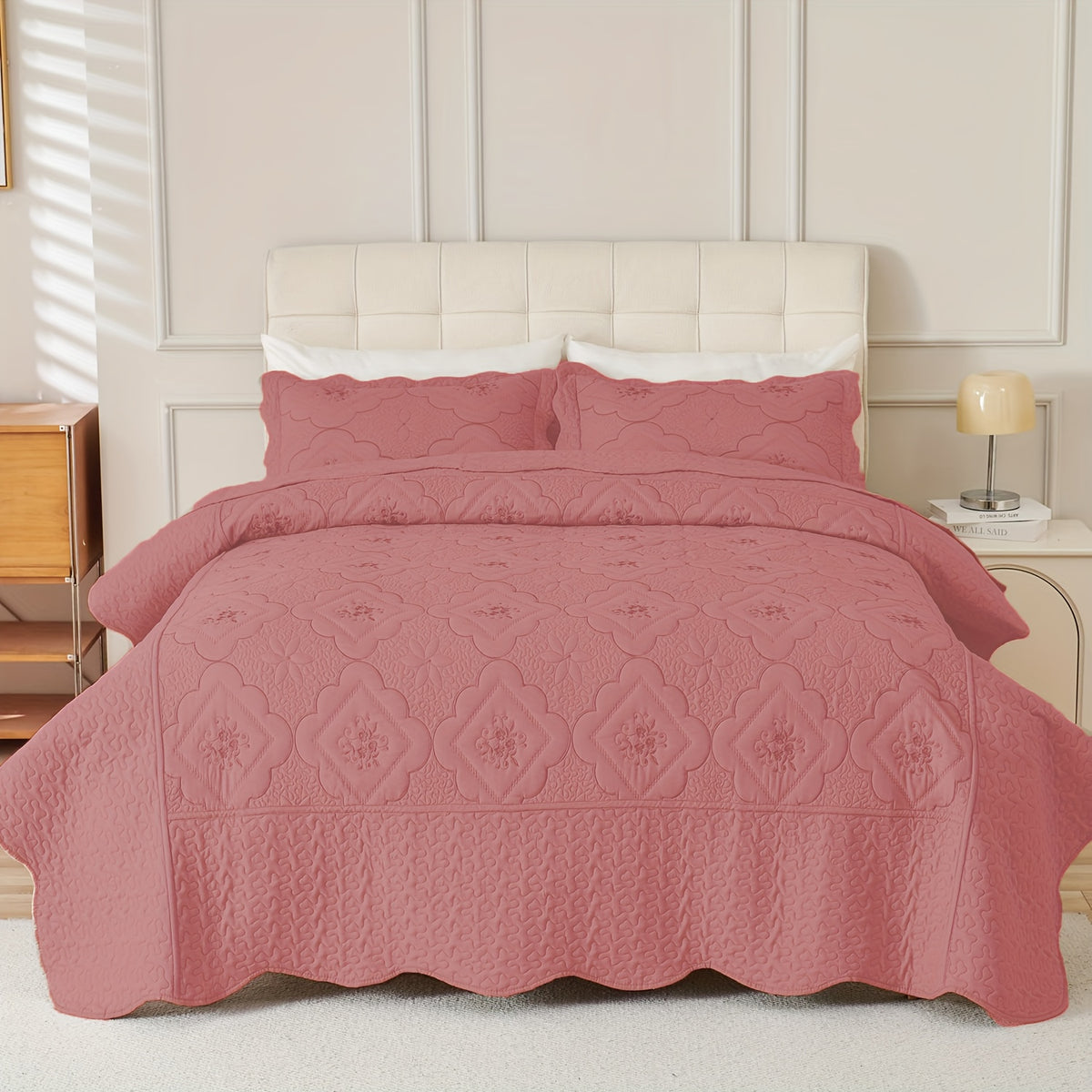 3pcs Exquisitely Crafted King/ Queen Size Quilted Bedspread Set with Intricate Floral Embroidery - 100% Polyester, Wrinkle - Resistant, Lightweight, Perfect for Adding A Touch of Elegance To Your Bedroom Decor