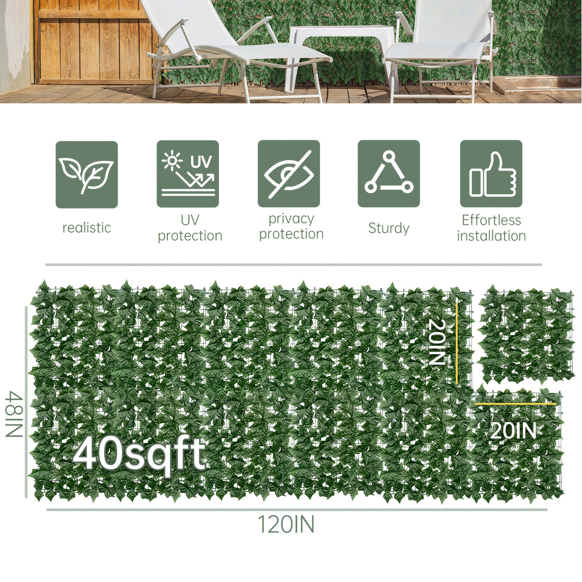 60X120in Artificial Ivy Privacy Fence Screen: Realistic UV-Anti Faux Ivy Hedge Panel, Indoor And Outdoor Decor for Patio, Garden, Balcony, And Fence Cover