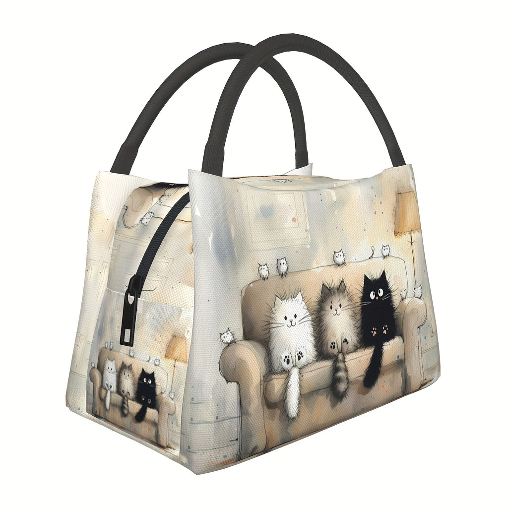 Adorable Feline Design Insulated Lunch Tote - Rectangular Polyester Bag Featuring an Animal Motif, Easy to Clean by Hand, Portable And Reusable Cooler Suitable for Picnics, Beach Outings, Hiking, Work (non-food contact)