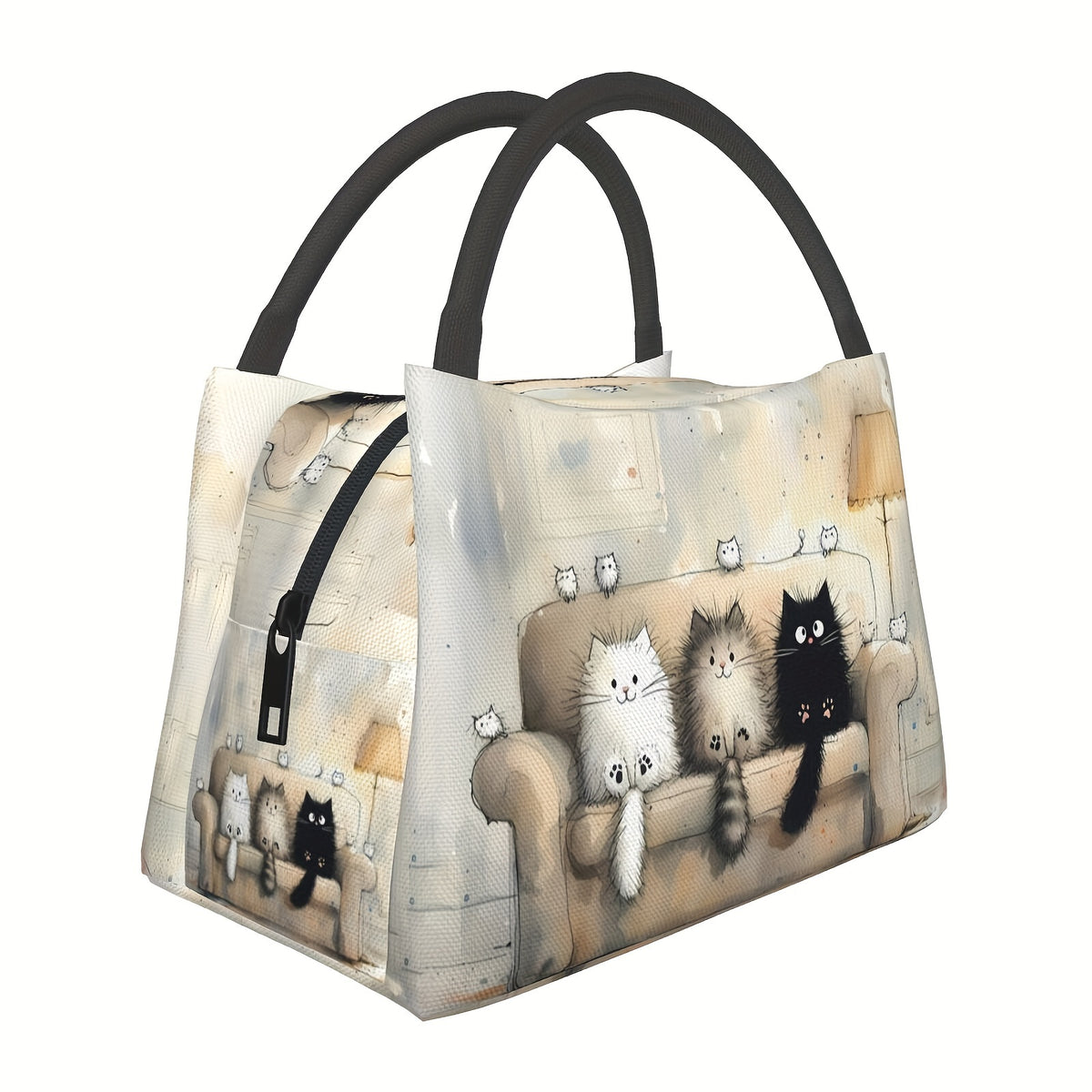 Adorable Feline Design Insulated Lunch Tote - Rectangular Polyester Bag Featuring an Animal Motif, Easy to Clean by Hand, Portable And Reusable Cooler Suitable for Picnics, Beach Outings, Hiking, Work (non-food contact)