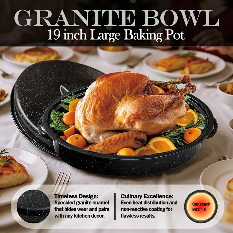 Granite Enamel Roasting Pan with Lid, Large Nonstick Carbon Steel Turkey Roaster for Oven, Chicken Roasting Pan, Soup Stew Bakeware,Black/Red Cooking Soup Pot