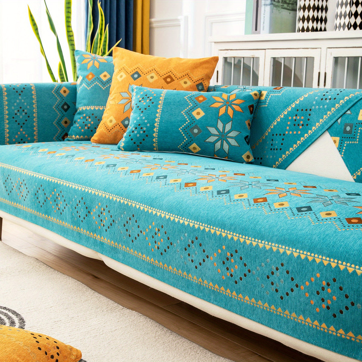 1pc Bohemian Chenille Sofa Cover Suitable for Sofa Sizes (Single to Four-Seater) - Thick Plush Non-Slip Couch Cover with Geometric Embroidery, Chenier Fabric Slipcover Fits for Sectional Sofas, Machine Washable Furniture