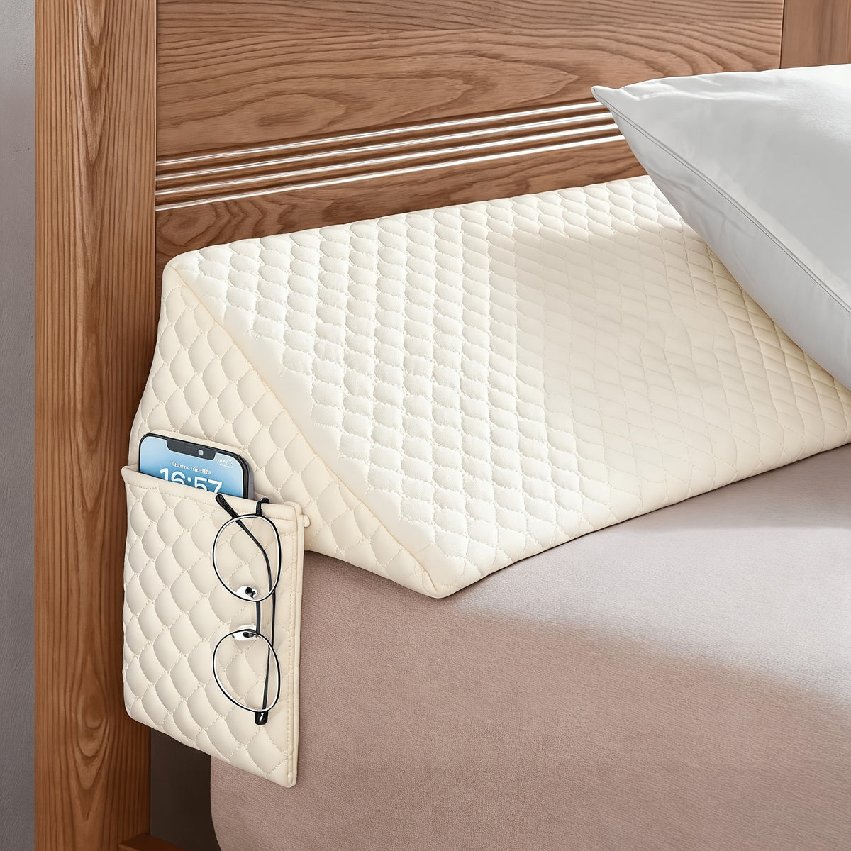 Bed Gap Filler Pillow with Side Pocket, Triangular Headboard Mattress Wedge for Bedroom Backrest Support in Twin, Full, Queen and King Sizes