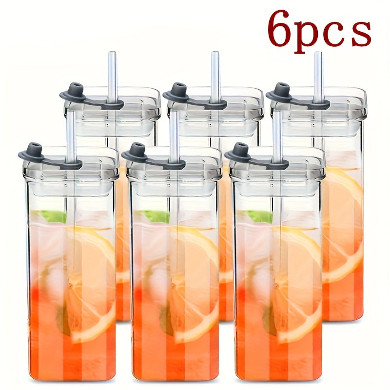 4 Packs/6 Packs, Glass Water Cup, High Borosilicate Glass with Lid And Straw, Women's Korean Square Lid, Transparent, Simple Flat Bottom, Heated Household Coffee Cup, Juice Cup