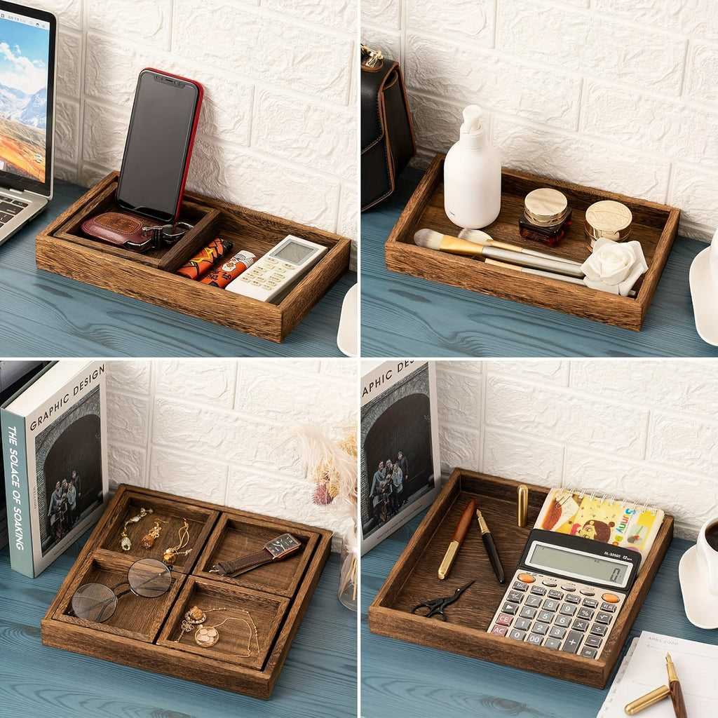 7pcs Paulownia Wood Nesting Serving Trays Set - Wood Grain Suitable for Home Decor, Coffee Table, Rustic Farmhouse Organizer with Space-Saving Nestable, Lightweight Breakfast & Party Trays for Snacks, Desserts, Drinks