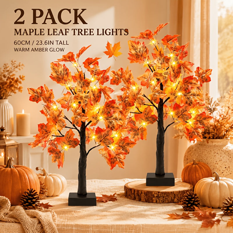 2pcs Thanksgiving & Autumn Table Lamps, 21.26 Inch Tree Lights Decorated with Fall Maple Leaves, Artificial Decor Trees with 24 Battery-Powered LEDs, Ideal for Indoor Spaces, Home Rooms, Balconies, Holiday Events And Halloween Parties