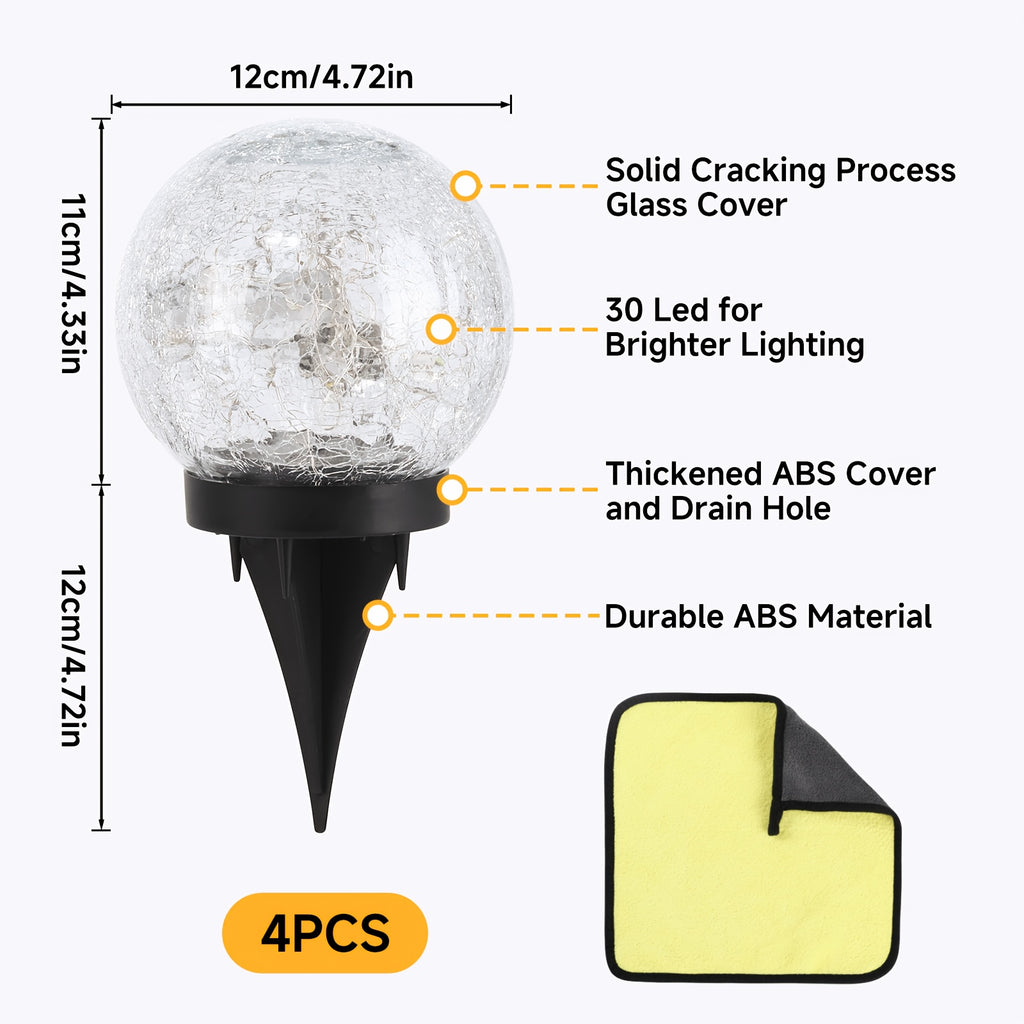 Solar Globe Lights Outdoor, 4-Pack Crackle Glass Garden Spheres with Auto On and Off, 800mAh Battery and LED Lighting for Patios and Holiday Decor