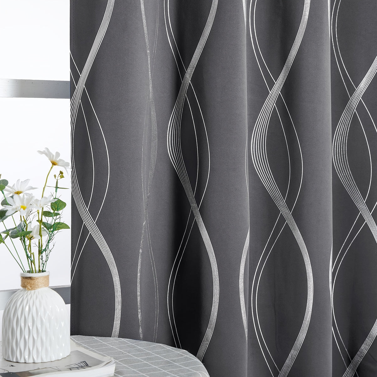 Blackout Curtains 2 Panels Set for Bedroom/Living Room, Noise Reducing Thermal Insulated Wave Line Foil Print Drapes for Patio Sliding Glass Door