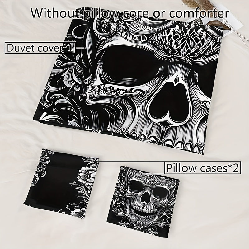 3pcs Black And White Skull Design Victoria Baroque Gothic Duvet Cover Set (1 Duvet Cover + 2 Pillowcases Without Pillow Insert), Halloween Collection, High Definition Numeric Print for Queen And King Size in Home Dormitory