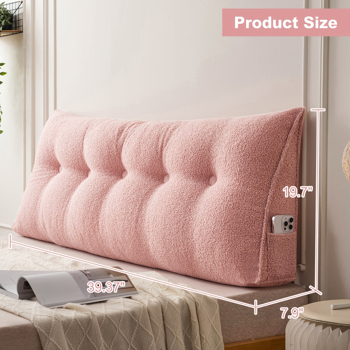 Headboard Reading Pillow, Triangular Teddy Velvet Backrest Cushion with Side Pocket and Removable Washable Cover for Twin, Queen and King Beds
