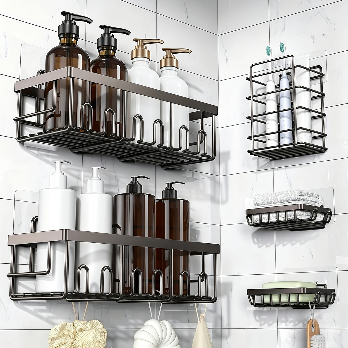 Shower Caddy Organizer, 5-Pack Adhesive Rustproof Stainless Steel Shower Shelves with Soap Holder, No Drilling Shower Storage Rack for Family Renters Bathroom, Random Colors to Choose, Shower Caddies