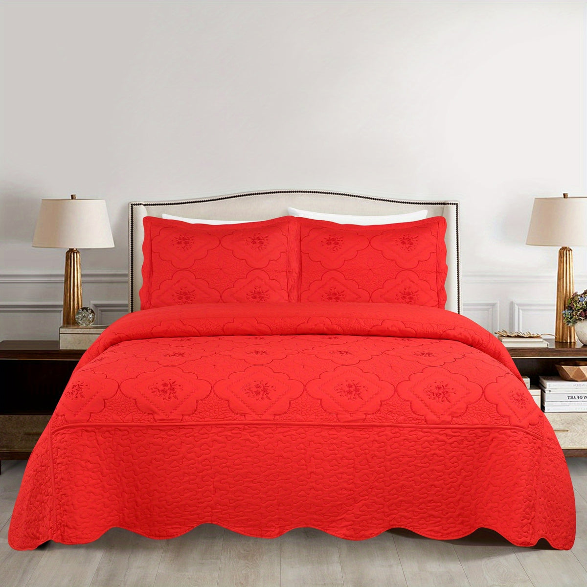 3pcs Exquisitely Crafted King/ Queen Size Quilted Bedspread Set with Intricate Floral Embroidery - 100% Polyester, Wrinkle - Resistant, Lightweight, Perfect for Adding A Touch of Elegance To Your Bedroom Decor