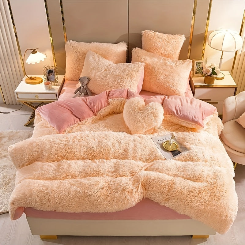 3/4pcs Plush Faux Fur Comforter Cover Set for Kids & Teens - Includes Pillowcases + Plush Heart Pillow - Twin/ Queen/ King Sizes - Super Soft, Warm, Machine Washable (Duvet Cover Only, No Comforter)