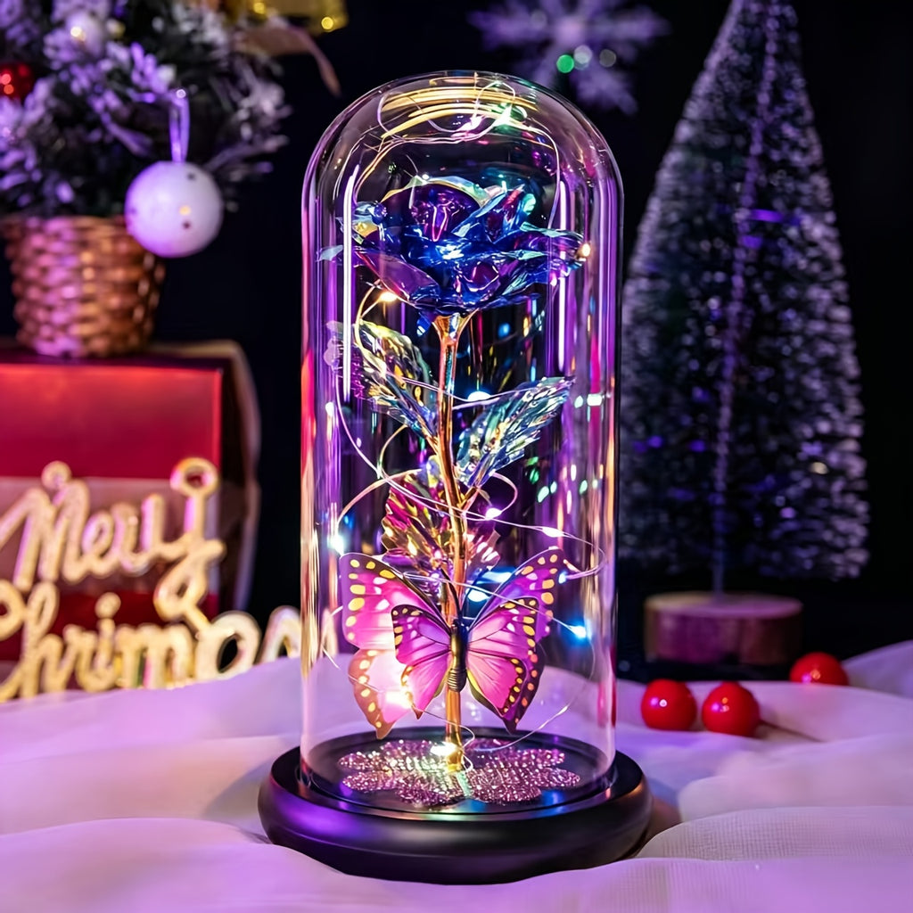 1pc Mother'S Day Rose Gift for Mother, Galaxy Glass Rose Forever Eternal Crystal Flower Glow Rose Glass Dome And Butterfly Birthday Flower Gift for Women'S Mother, Wife, Sisters, Daughter, Purple