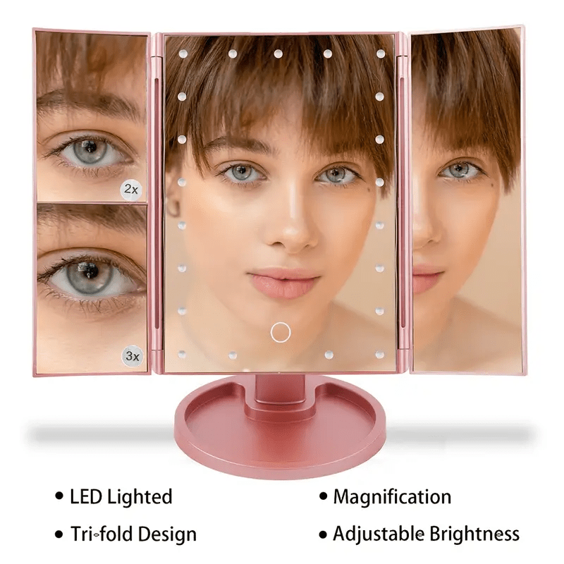 Makeup Mirror with Lights, Tri-Fold LED Vanity Mirror Touch Screen, 1X 2X 3X 10X Magnifying, Adjustable Base, Travel Mirror for Desk, Gift for Women, Rose Golden/Black