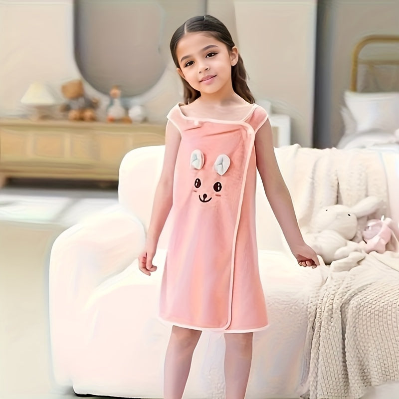 Kids Bath Towel Wrap with Cute Bunny Ears, Contemporary Microfiber Cartoon Anime Bath Skirt for Girls, Ultra Compact Towel Robe, Age 6-12 - 250Gsm