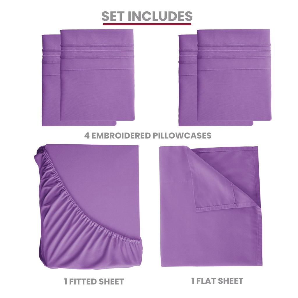 Lux Decor 6 Pieces Solid Bed Sheets Set - Modern Soft Comfortable Bedding Set, Hotel Luxury Skin Friendly Cooling Sheets & Embroidered Pillowcases Without Filler - All Seasons Bed Sheet with 16 Inches deep Pocket, Breathable Skin Friendly & Cooling Sheets