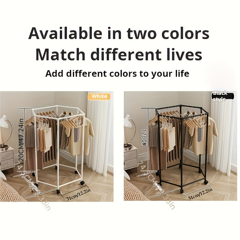 Hexagonal Rotary Clothes Rack, Self-Standing Vertical Clothing Hanging Rack, Suitable for Laundry And Household Storage Space Saving (Black/White), Easy Storage Device, Durable Structure, High-Quality Materials, Small Apartment Living, Convenient