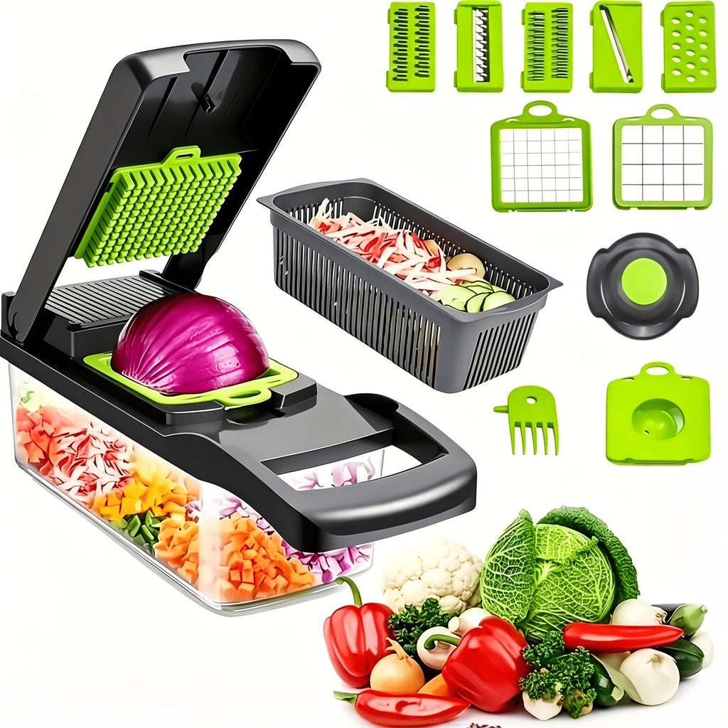 14-in-1 Multifunctional Vegetable Chopper with Large Capacity Collector | Stainless Steel Blades, Manual Operation, Includes Egg Separator, Easy to Clean, Ideal for Dicing, Slicing, and Grating Vegetables and Fruits