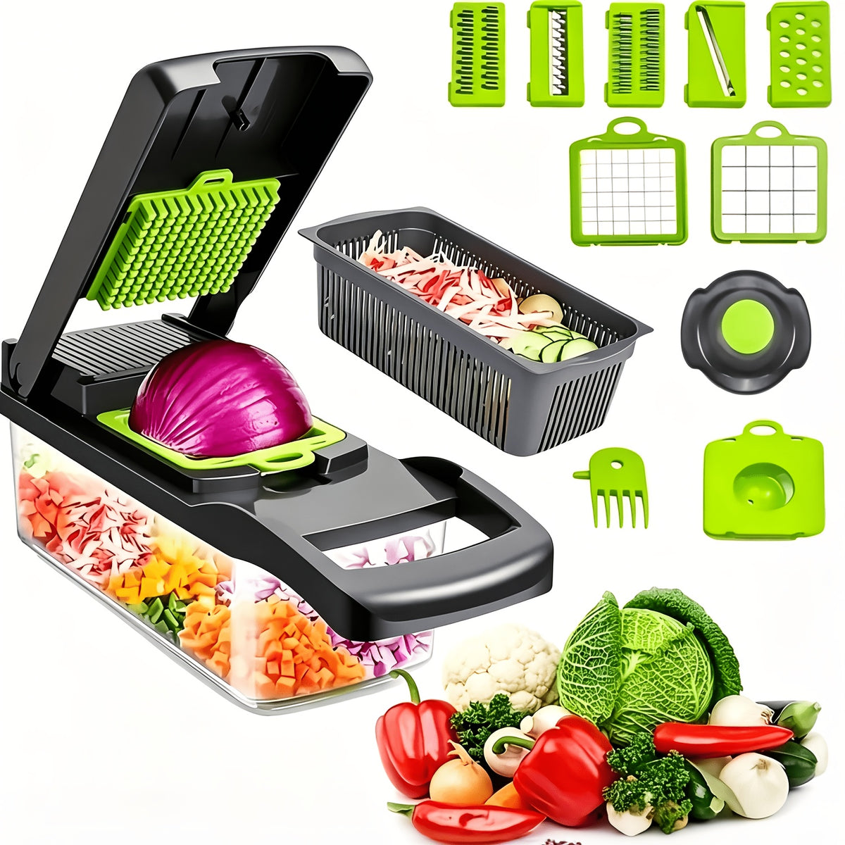14-in-1 Multifunctional Vegetable Chopper with Large Capacity Collector | Stainless Steel Blades, Manual Operation, Includes Egg Separator, Easy to Clean, Ideal for Dicing, Slicing, and Grating Vegetables and Fruits