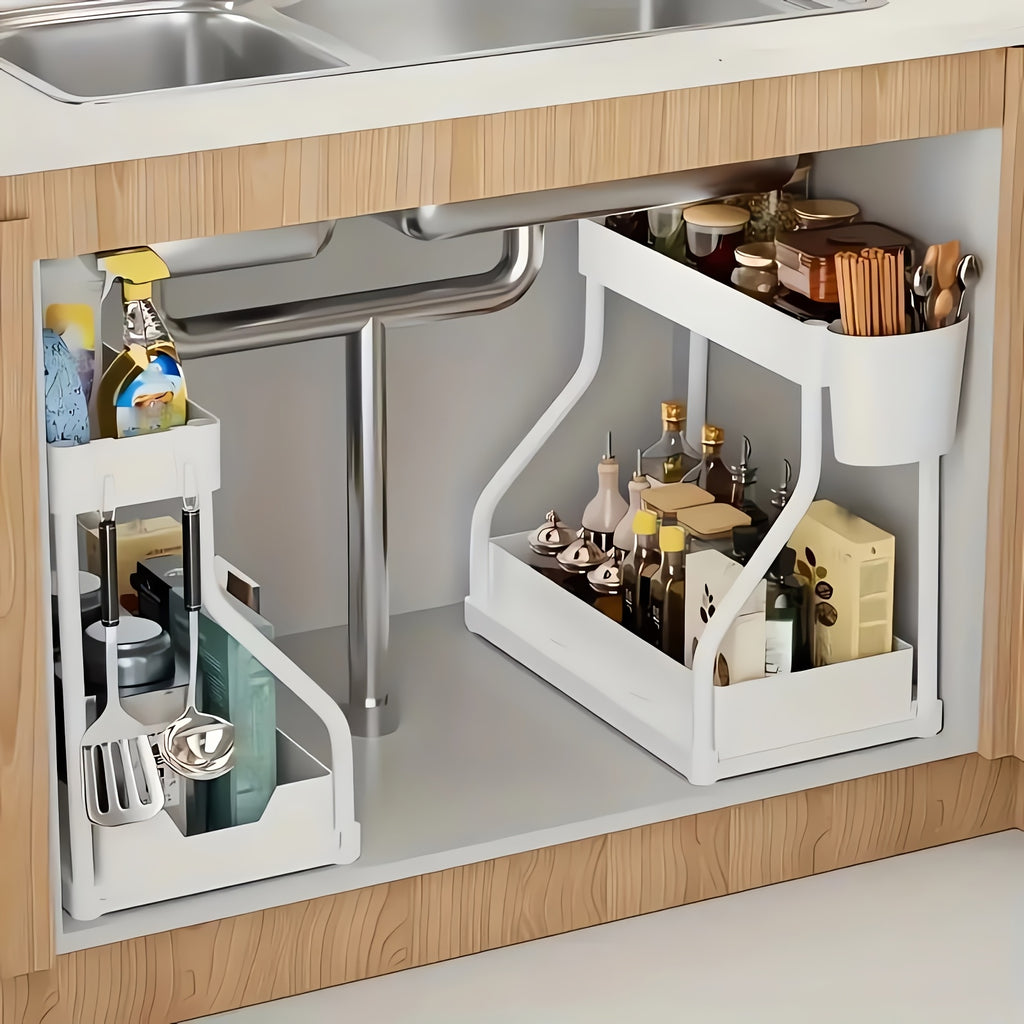 2pcs Under Sink Organizer with Sliding Shelves Multi-Purpose Black Plastic Storage Basket for Bathroom And Kitchen Cabinet Durable Construction Bathroom Organizer