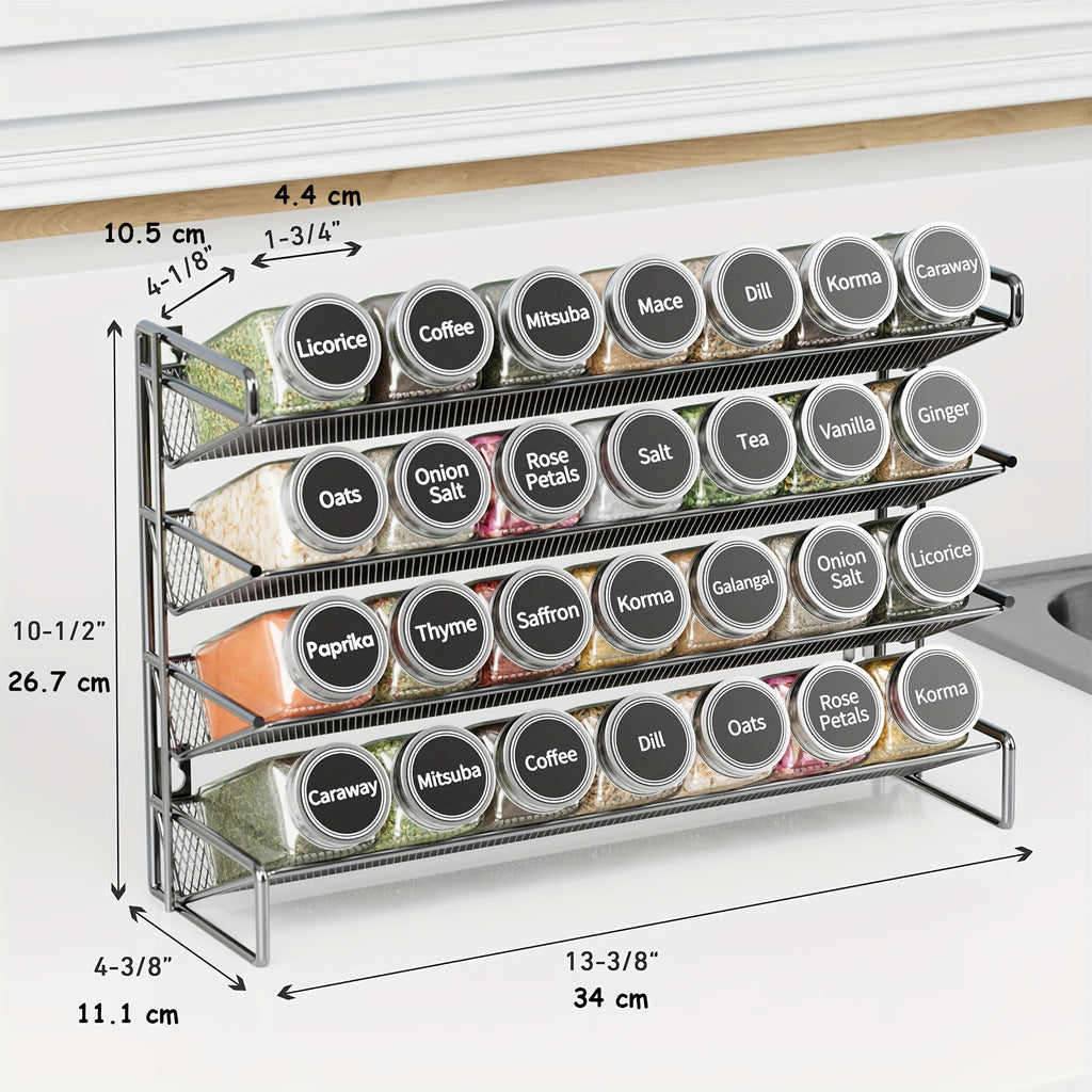 Spice Organizer With 28 Jars, 386 Labels, Chalk Marker And Funnel, For Cabinet, Countertop, Pantry, Cupboard Or Wall Mount, 13.4" W × 10.8" H, Black