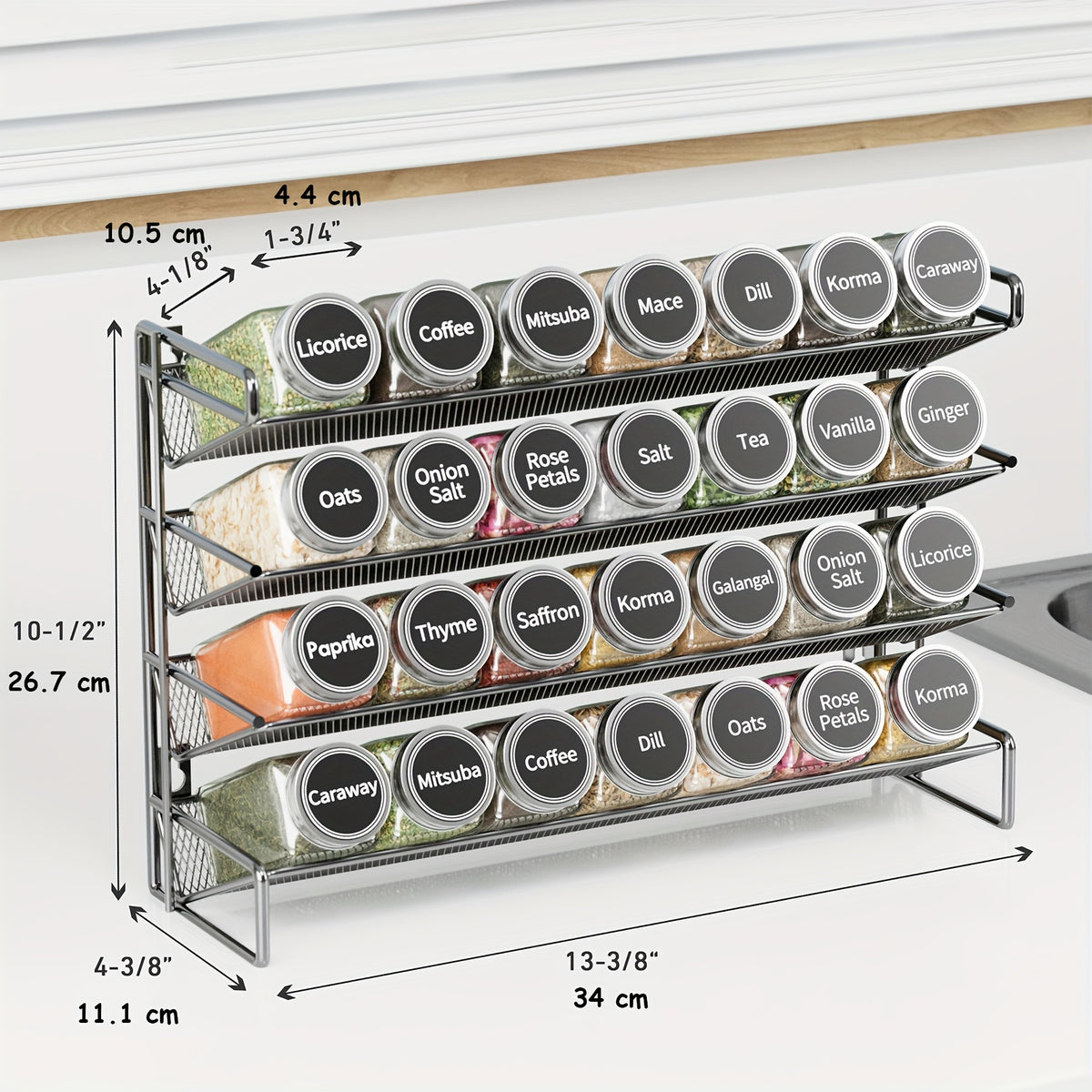 Spice Organizer With 28 Jars, 386 Labels, Chalk Marker And Funnel, For Cabinet, Countertop, Pantry, Cupboard Or Wall Mount, 13.4" W × 10.8" H, Black