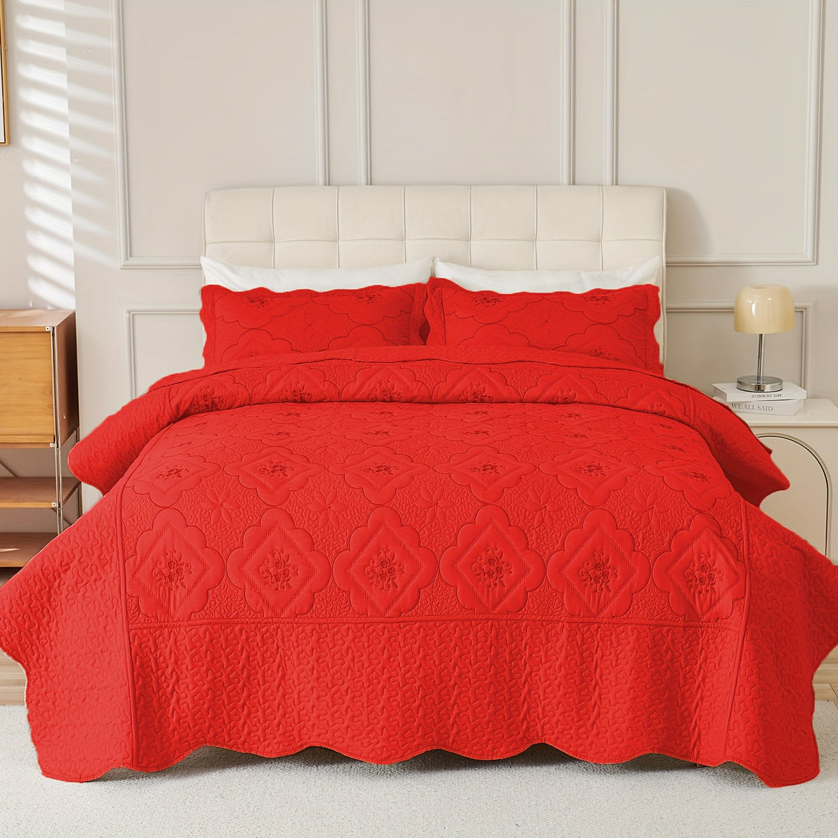 3pcs Exquisitely Crafted King/ Queen Size Quilted Bedspread Set with Intricate Floral Embroidery - 100% Polyester, Wrinkle - Resistant, Lightweight, Perfect for Adding A Touch of Elegance To Your Bedroom Decor