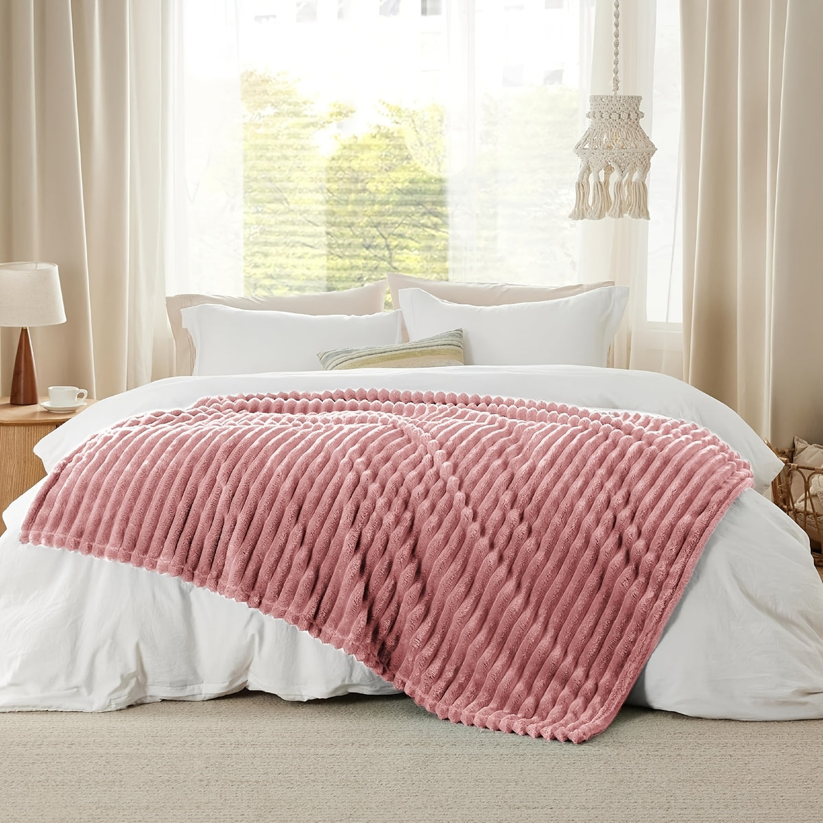 Luxurious Double-Sided Faux Rabbit Fur Throw Blanket - Cozy Striped Flannel, Soft And Warm for Naps, Office, Camping, Sofa - Versatile Polyester Bed Cover, Perfect Christmas Gift