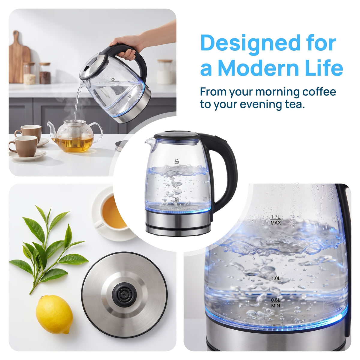 Electric Tea Kettle, Cordless Water Boiler & Heater with Fast Boiling 1000W, Auto Shut-Off & Boil-Dry Protection, 1.9 Liter Clear Glass, Suitable for Tea, Soup, Instant Noodles, Boiling Water Heater