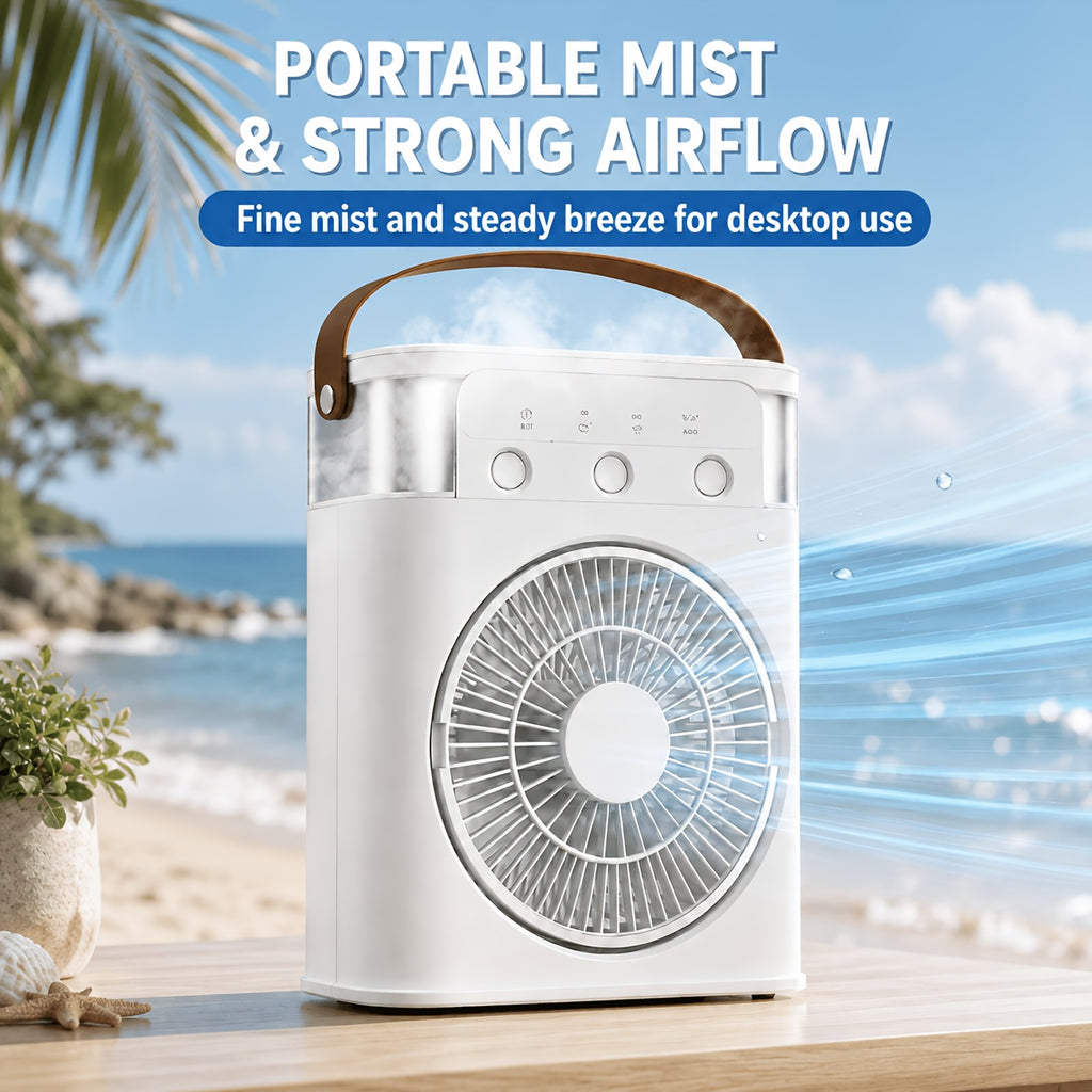 Portable USB Mist Fan With A Powerful 3300mAh Rechargeable Battery, Three Wind Speeds And Two Mist Modes, Comes With A Seven-color LED Mood Light And Timer Function, Perfect For Bedrooms, Offices, Dorms, And Camping To Help Ease The Summer Heat.