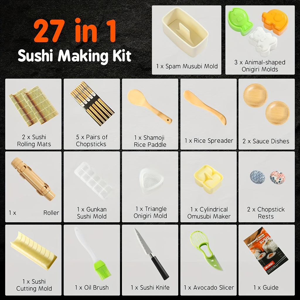27pcs Sushi Making Kit with Rice Roll Molds, Tool for Home Beginners, Includes Mats, Rice Paddle, Knife, Chopsticks And Guide Book, Perfect for Rice Balls, Sushi Roll Maker, Gifts, Camping