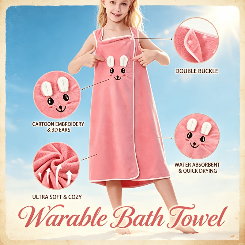 Kids Bath Towel Wrap with Cute Bunny Ears, Contemporary Microfiber Cartoon Anime Bath Skirt for Girls, Ultra Compact Towel Robe, Age 6-12 - 250Gsm