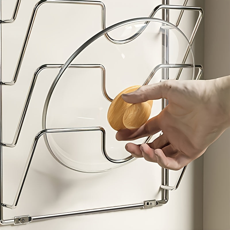 [1pc Hanging Pot Lid Organizer] 1pc Durable Metal Hanging Pot Lid Organizer, Multi-Tier Wall-Mounted Kitchen Storage Rack for Pots And Lids, Space-Saving Kitchen Accessory for Home And Restaurant Use