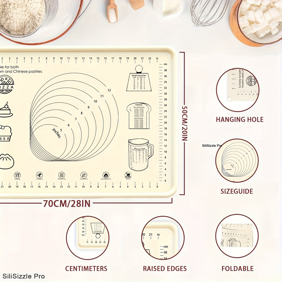 Silicone Pastry Mat with Measurements, Extra-Thick Non-Slip Reusable Dough Rolling Surface for Pizza, Pie Crusts and Everyday Home Baking Prep