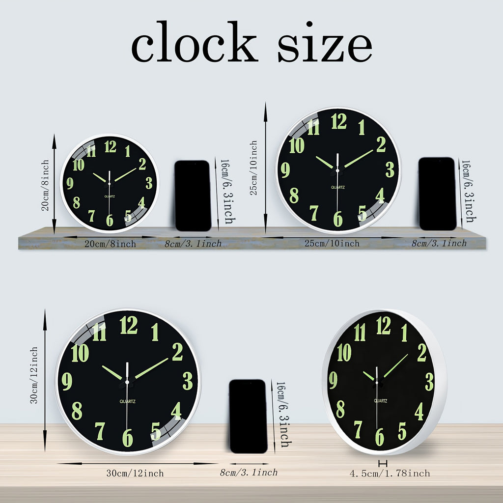 8-16 Inch Modern Black Glow-in-the-Dark Wall Clock, Silent No-Ticking, Battery Powered, Decorative Clock for Living Room, Bedroom, Office & Kitchen, Plastic Frame with High-Transparency Glass Mirror, Perfect Christmas & Housewarming Gift